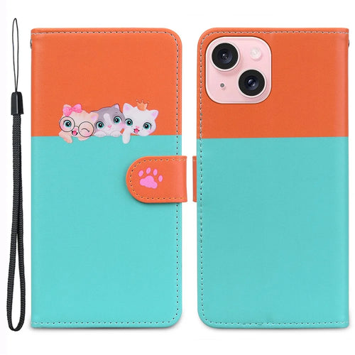 Cartoon Pet Series for iPhone 15 Leather Case Animal Pattern Color Splicing Wallet Cover - Sky Blue - 1