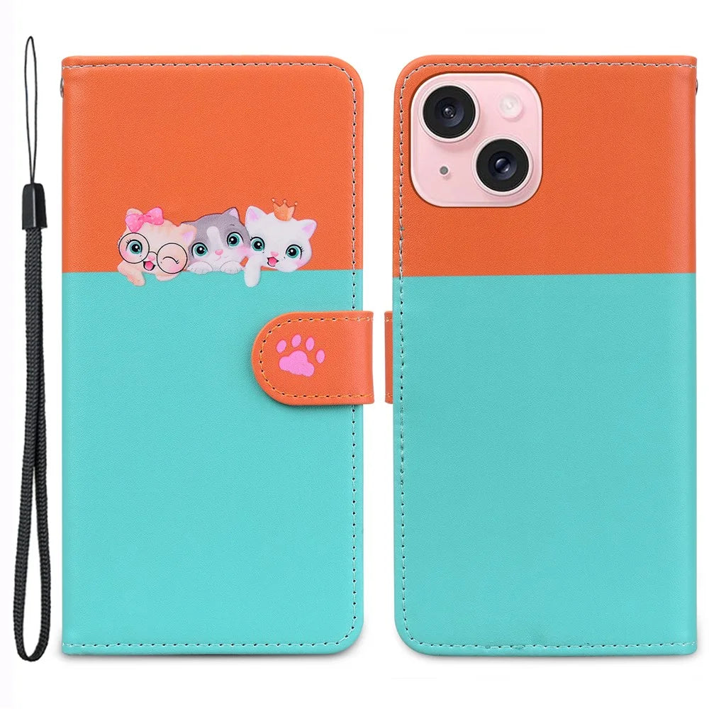 Cartoon Pet Series for iPhone 15 Leather Case Animal Pattern Color Splicing Wallet Cover - Sky Blue - 1