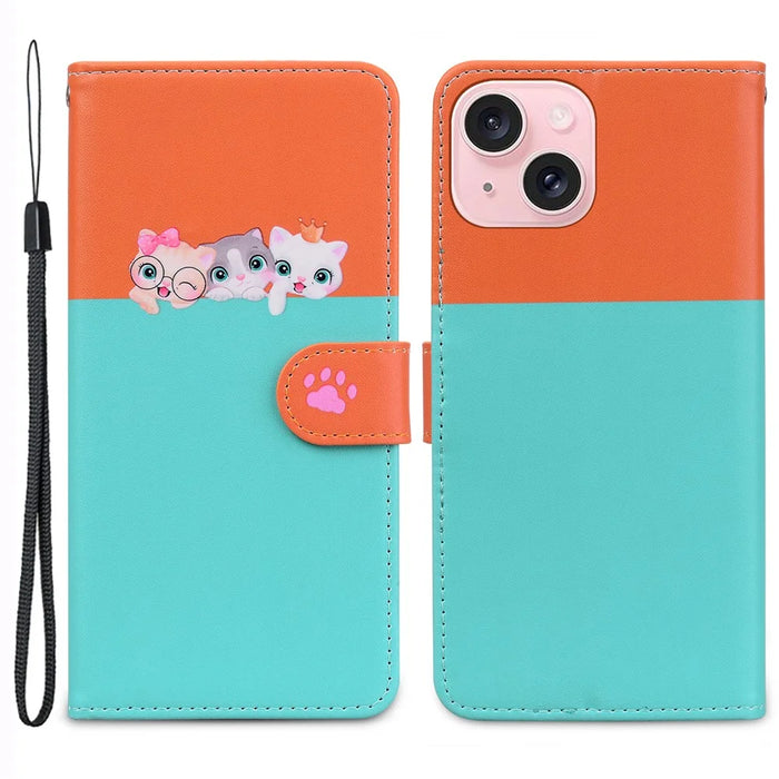Cartoon Pet Series for iPhone 15 Leather Case Animal Pattern Color Splicing Wallet Cover - Sky Blue - 1