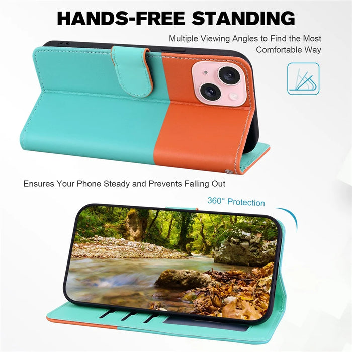 Cartoon Pet Series for iPhone 15 Leather Case Animal Pattern Color Splicing Wallet Cover - Sky Blue - 2