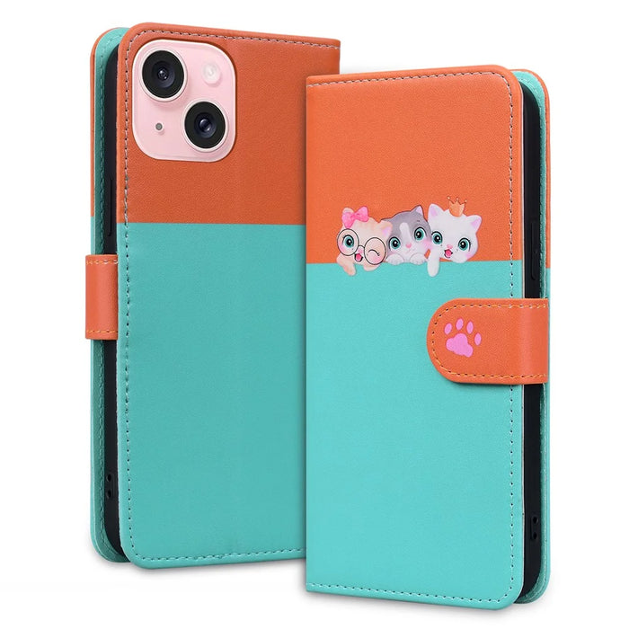 Cartoon Pet Series for iPhone 15 Leather Case Animal Pattern Color Splicing Wallet Cover - Sky Blue - 4