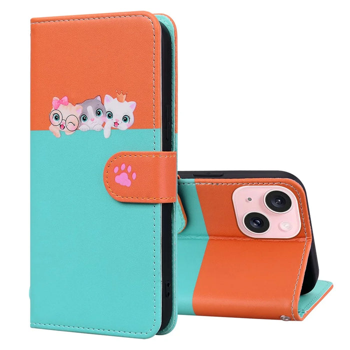 Cartoon Pet Series for iPhone 15 Leather Case Animal Pattern Color Splicing Wallet Cover - Sky Blue - 5