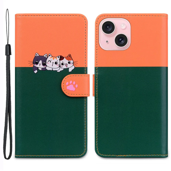 Cartoon Pet Series for iPhone 15 Plus Case Color Splicing Leather Wallet Cover - Blackish Green - 1