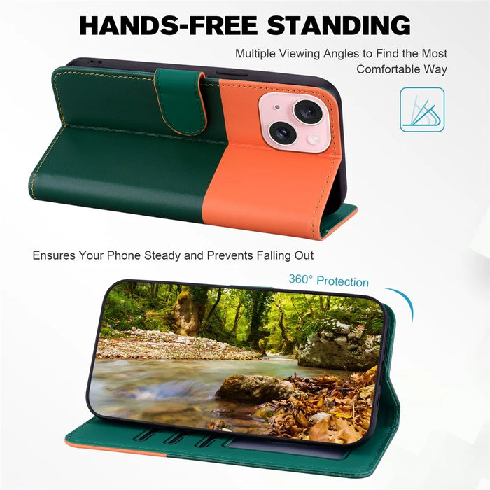 Cartoon Pet Series for iPhone 15 Plus Case Color Splicing Leather Wallet Cover - Blackish Green - 2