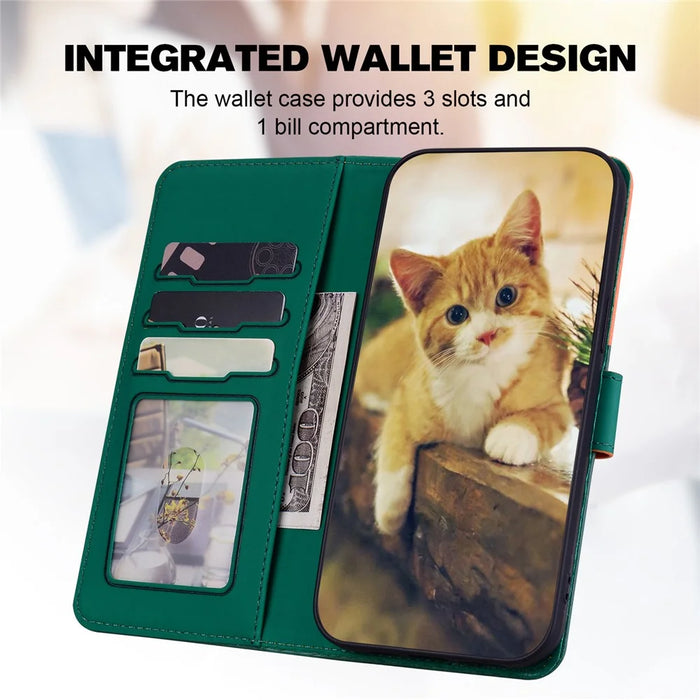 Cartoon Pet Series for iPhone 15 Plus Case Color Splicing Leather Wallet Cover - Blackish Green - 3
