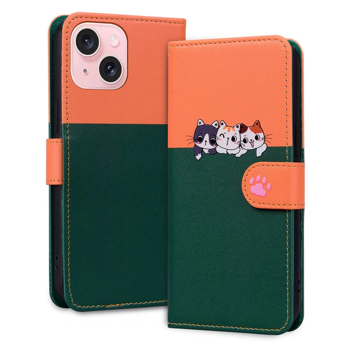 Cartoon Pet Series for iPhone 15 Plus Case Color Splicing Leather Wallet Cover - Blackish Green - 4