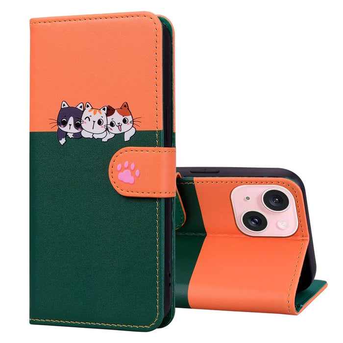 Cartoon Pet Series for iPhone 15 Plus Case Color Splicing Leather Wallet Cover - Blackish Green - 5