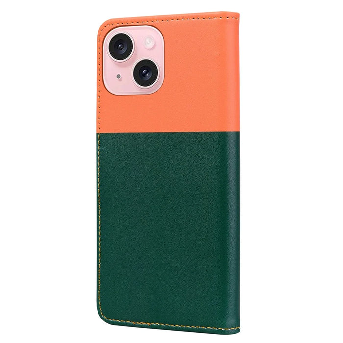 Cartoon Pet Series for iPhone 15 Plus Case Color Splicing Leather Wallet Cover - Blackish Green - 7