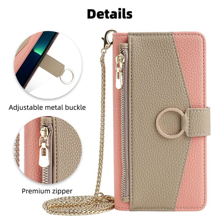 For iPhone 7 / 8 / SE (2020) / SE (2022) Case Metal Ring Zipper Pocket Crossbody Phone Cover - Pink - 7