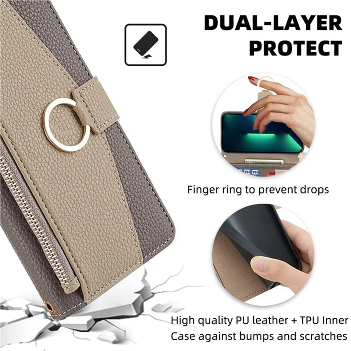 For iPhone 13 Pro Leather Case Crossbody Phone Cover with Wallet Stand - Grey - 5
