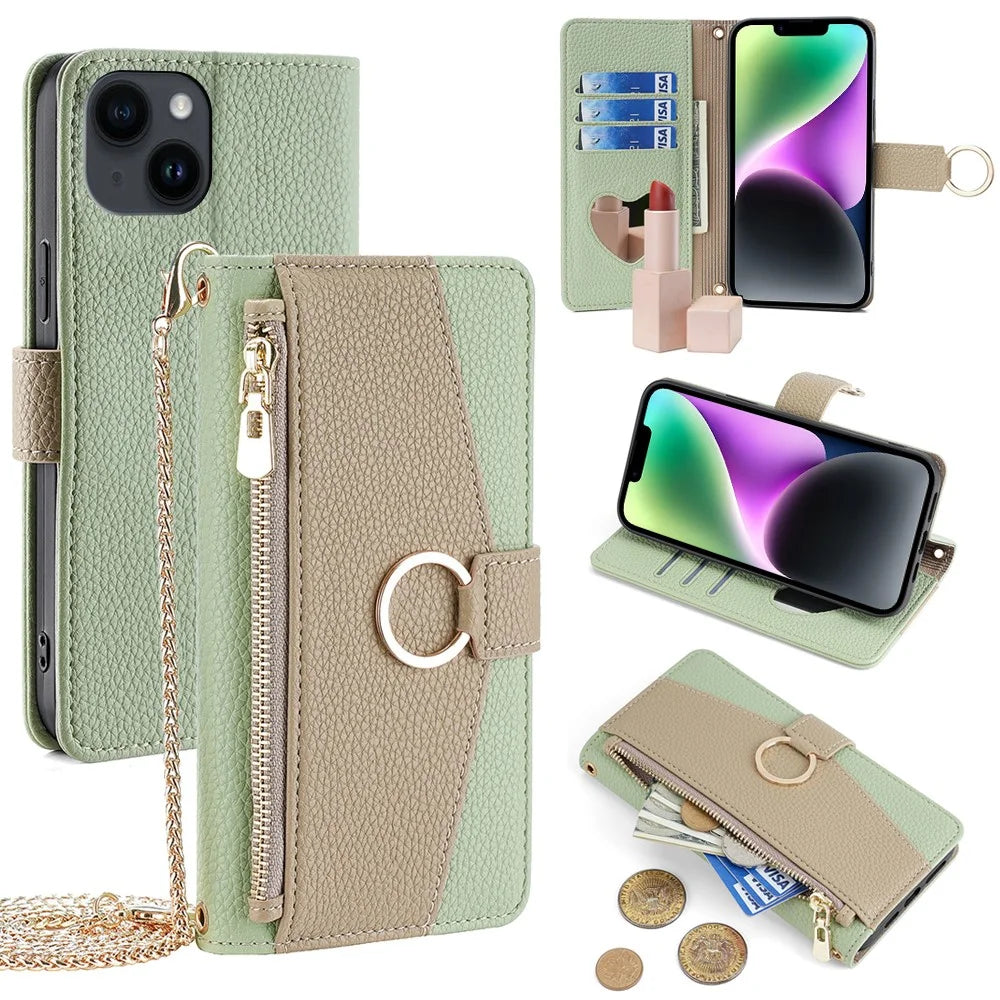 For iPhone 14 Case PU Leather Makeup Mirror Wallet Phone Cover with Finger Ring - Green - 1
