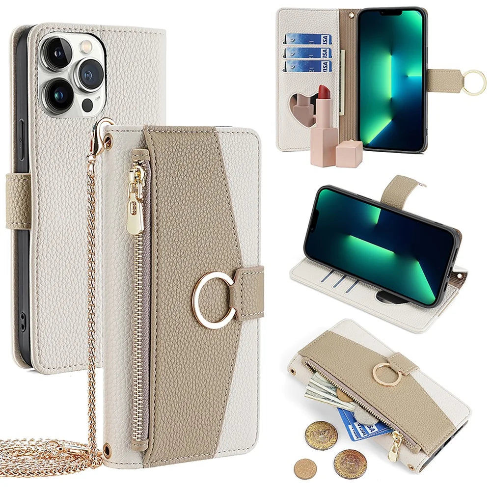 For iPhone 13 Pro Max 6.7 inch Case Litchi Texture PU Leather Phone Stand Cover with Shoulder Strap - White - 1