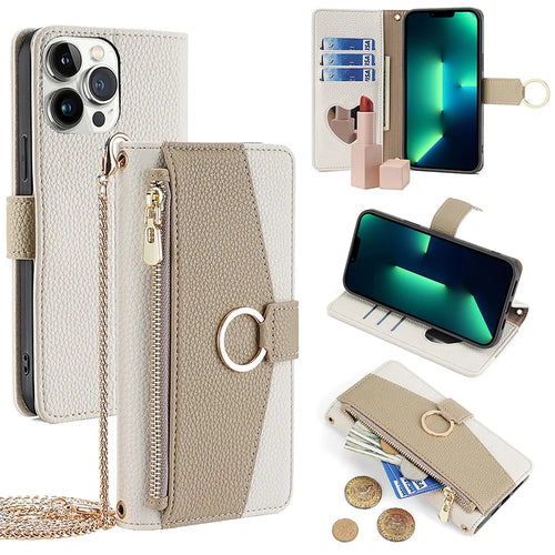 For iPhone 13 Pro Max 6.7 inch Case Litchi Texture PU Leather Phone Stand Cover with Shoulder Strap - White - 1