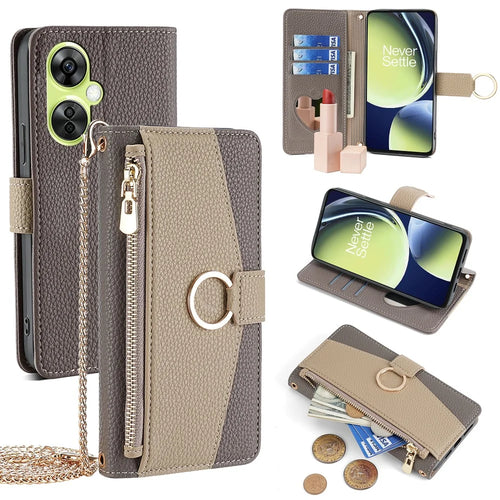 For OnePlus Nord CE 3 Lite 5G / Nord N30 5G Case PU Leather Zipper Pocket Stand Phone Cover - Grey - 1