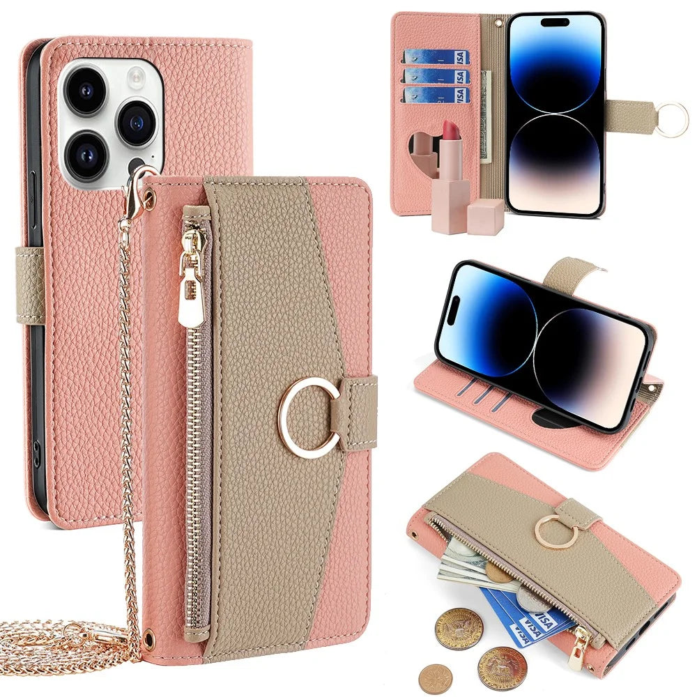 For iPhone 14 Pro Case PU Leather+TPU Zipper Pocket Makeup Mirror Phone Protector - Pink - 1