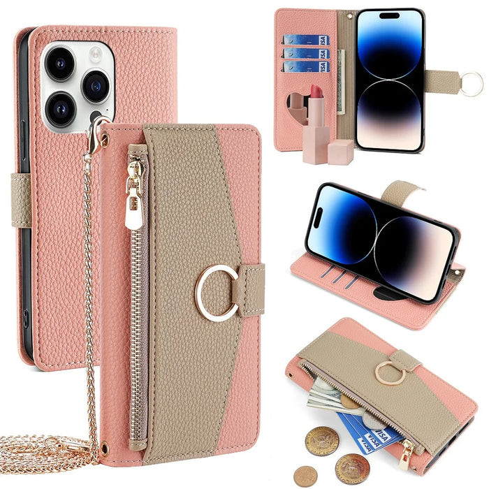 For iPhone 14 Pro Case PU Leather+TPU Zipper Pocket Makeup Mirror Phone Protector - Pink - 1