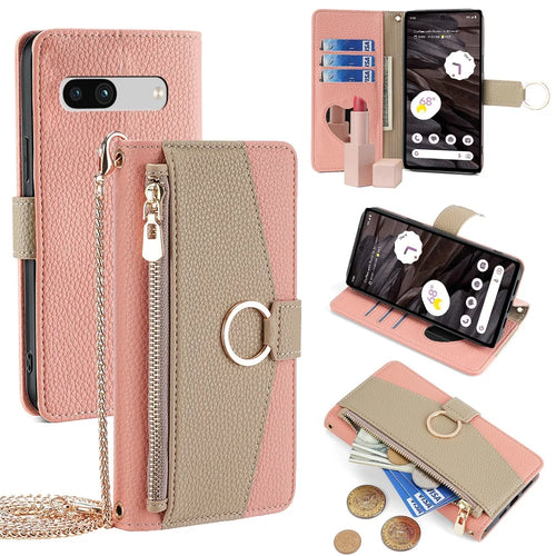For Google Pixel 7a Cell Phone Cases Crossbody PU Leather Wallet Cover with Makeup Mirror - Pink - 1