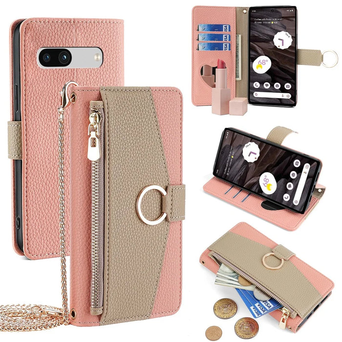 For Google Pixel 7a Cell Phone Cases Crossbody PU Leather Wallet Cover with Makeup Mirror - Pink - 1