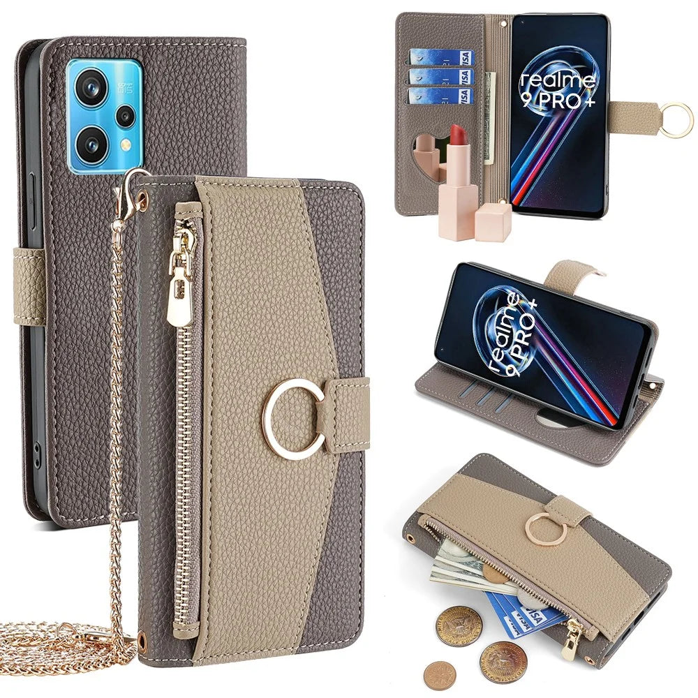 For Realme 9 Pro+ 5G Leather Case Crossbody Phone Cover with Zipper Pocket - Grey - 1