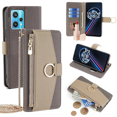 For Realme 9 Pro+ 5G Leather Case Crossbody Phone Cover with Zipper Pocket - Grey - 1