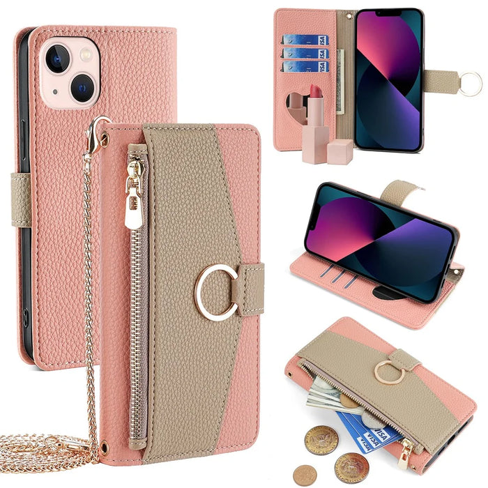 For iPhone 13 6.1 inch Case PU Leather Wallet Protective Cover with Crossbody Shoulder Strap - Pink - 1