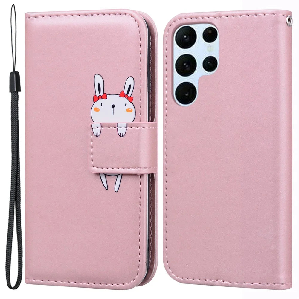 For Samsung Galaxy S23 Ultra Cover Cartoon Animal Pattern PU Leather Cell Phone Cases with Strap - Pink - 1