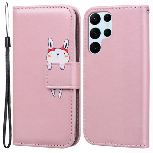 For Samsung Galaxy S23 Ultra Cover Cartoon Animal Pattern PU Leather Cell Phone Cases with Strap - Pink - 1