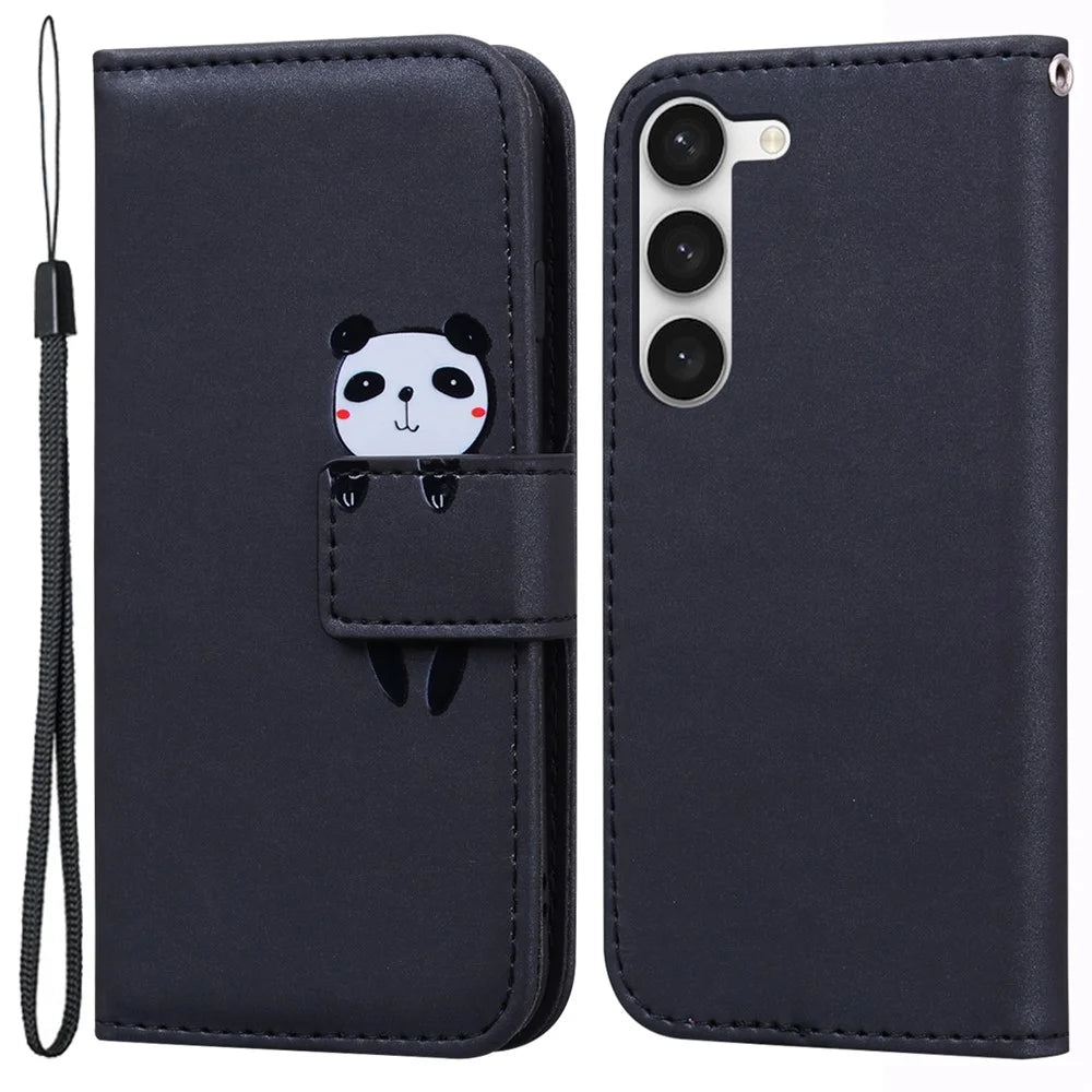 For Samsung Galaxy S24 Cartoon Animal Pattern Folio Flip PU Leather Cell Phone Cases with Strap - Black - 1