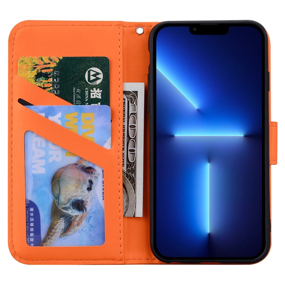 For iPhone 13 Pro 6.1 inch Cover Cartoon Animal Pattern PU Leather Wallet Cell Phone Case - Orange - 2