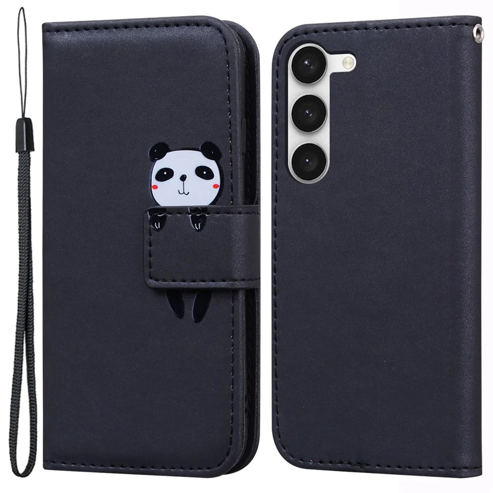 For Samsung Galaxy S23 Cell Phone Case Cartoon Animal Pattern Leather Stand Cover - Black - 1