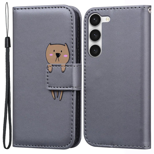 For Samsung Galaxy S23+ Cell Phone Case Cartoon Animal Flip PU Leather Shell with Strap - Grey - 1