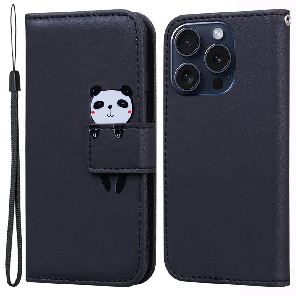 For iPhone 15 Pro Cell Phone Case Cute Animal Pattern PU Leather Cover with Wallet - Black - 1