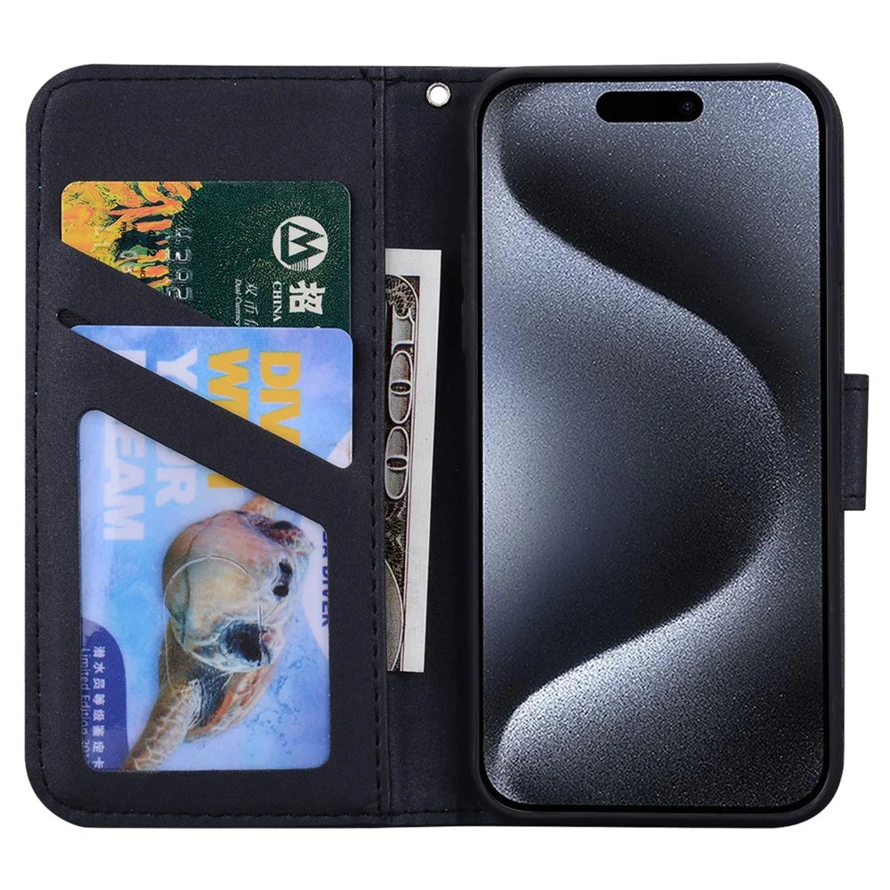 For iPhone 15 Pro Cell Phone Case Cute Animal Pattern PU Leather Cover with Wallet - Black - 2