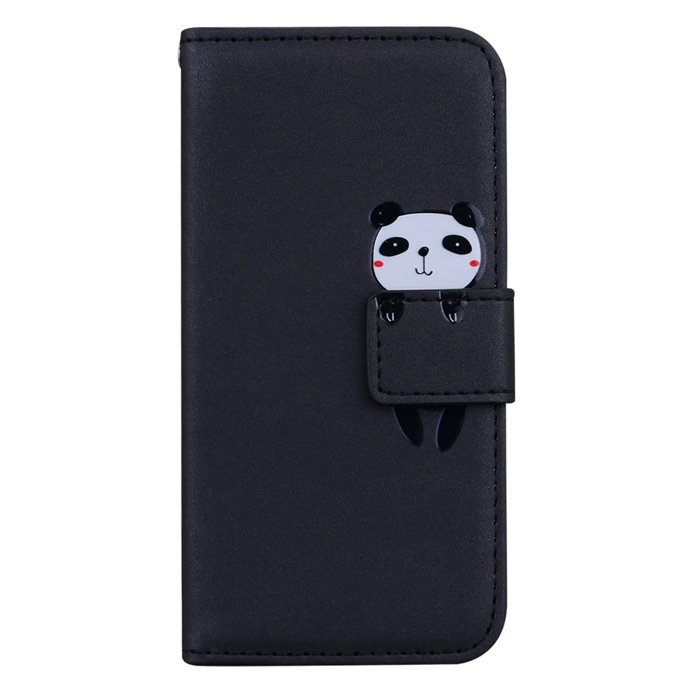 For iPhone 15 Pro Cell Phone Case Cute Animal Pattern PU Leather Cover with Wallet - Black - 7