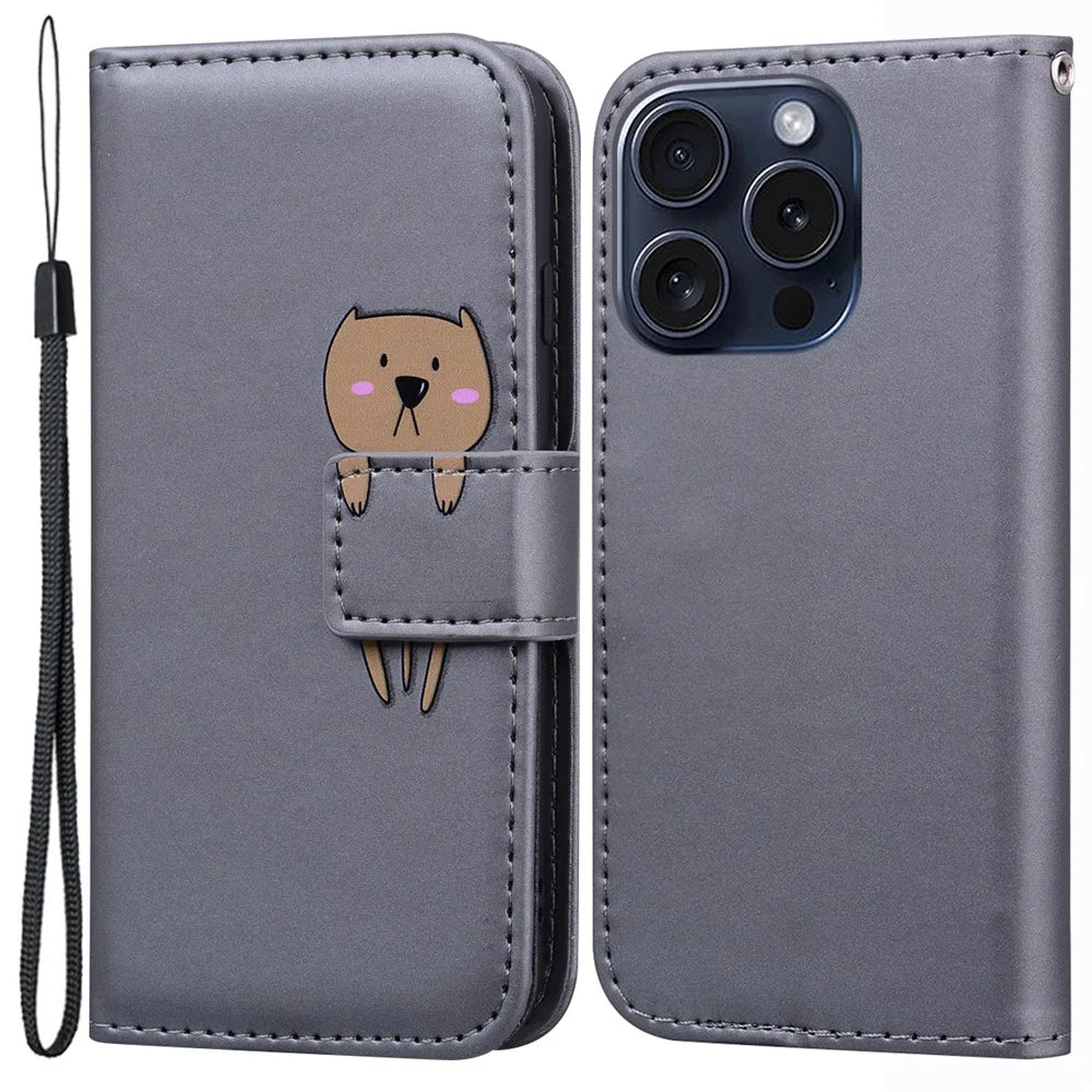 For iPhone 15 Pro Max Cover Cute Animal Pattern Leather Wallet Stand Cell Phone Case - Grey - 1