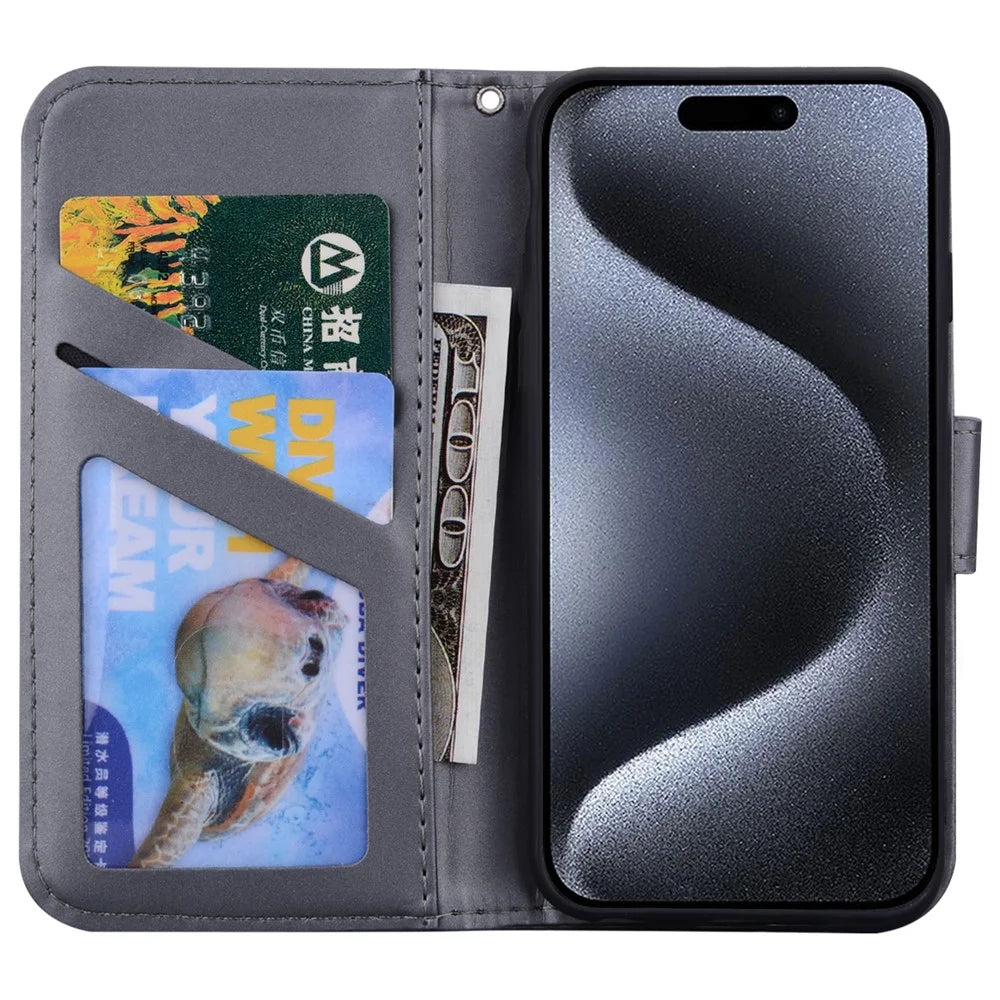 For iPhone 15 Pro Max Cover Cute Animal Pattern Leather Wallet Stand Cell Phone Case - Grey - 2