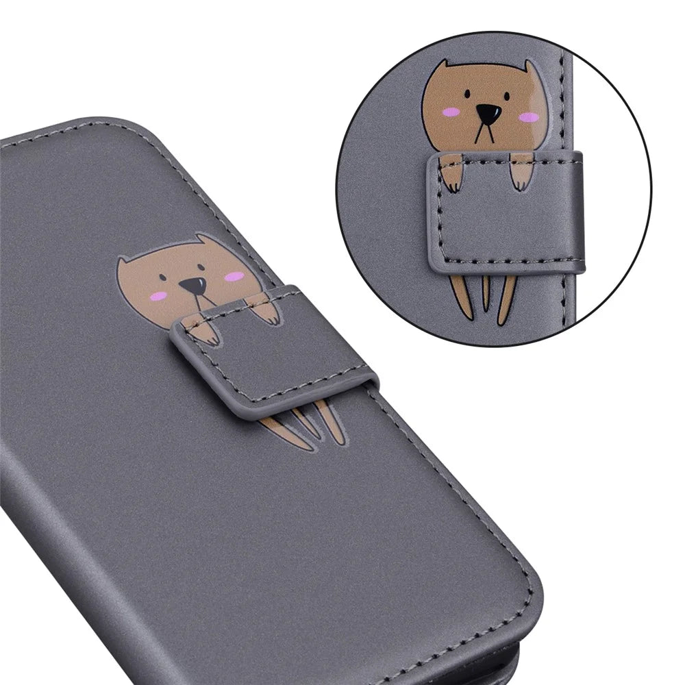 For iPhone 15 Pro Max Cover Cute Animal Pattern Leather Wallet Stand Cell Phone Case - Grey - 5