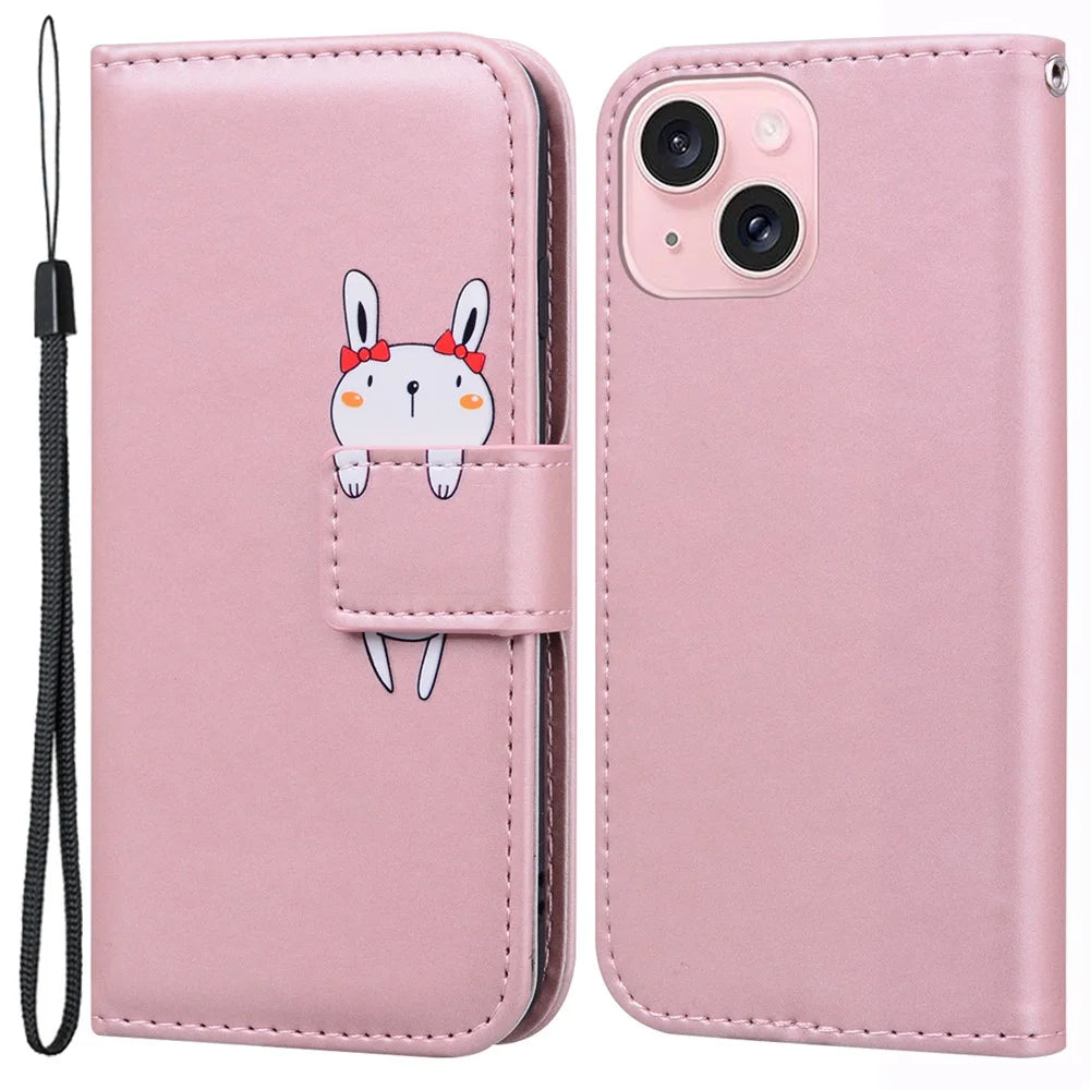 For iPhone 15 Plus Cell Phone Case Cartoon Animal Pattern Anti-drop PU Leather Cover - Pink - 1