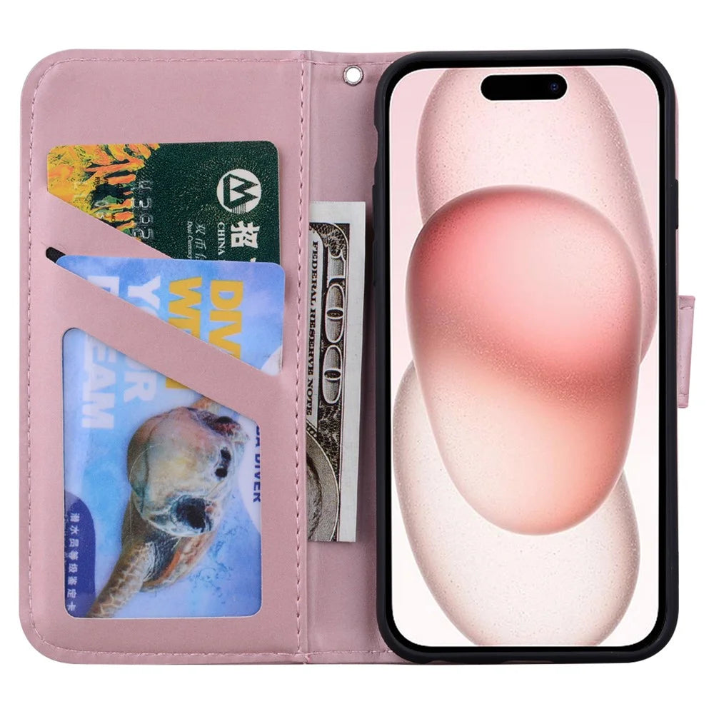 For iPhone 15 Plus Cell Phone Case Cartoon Animal Pattern Anti-drop PU Leather Cover - Pink - 2