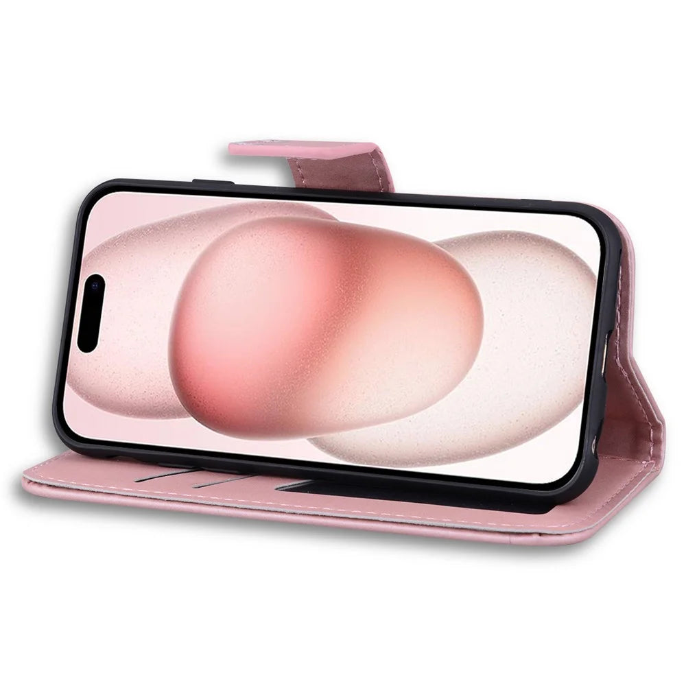 For iPhone 15 Plus Cell Phone Case Cartoon Animal Pattern Anti-drop PU Leather Cover - Pink - 4