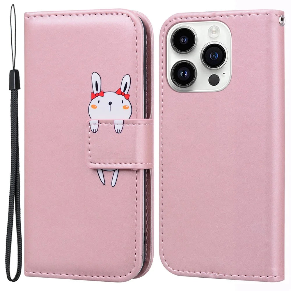 For iPhone 14 Pro Max Cell Phone Case Animal Pattern PU Leather Wallet Stand Cover with Strap - Pink - 1