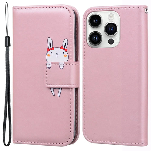For iPhone 14 Pro Max Cell Phone Case Animal Pattern PU Leather Wallet Stand Cover with Strap - Pink - 1
