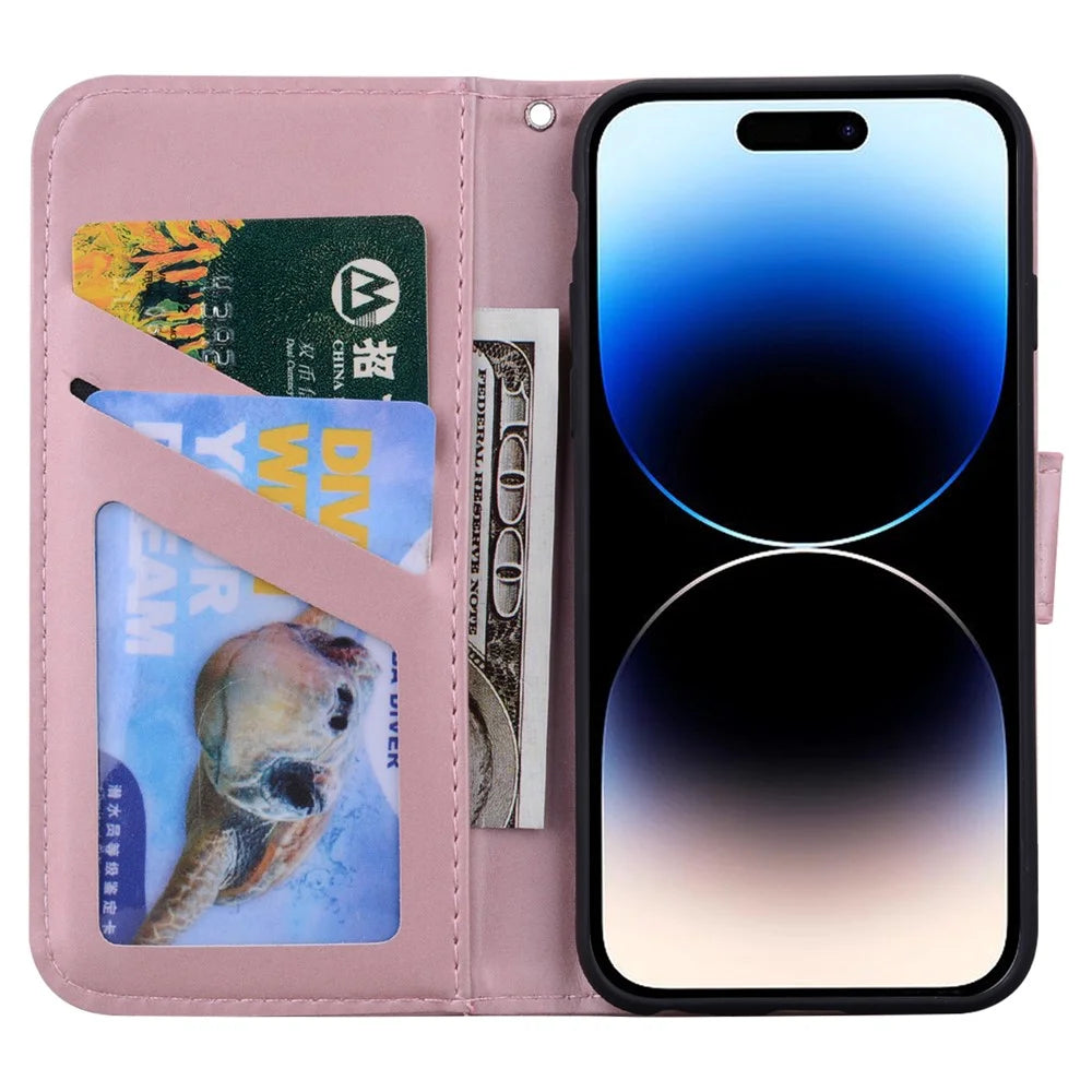 For iPhone 14 Pro Max Cell Phone Case Animal Pattern PU Leather Wallet Stand Cover with Strap - Pink - 2