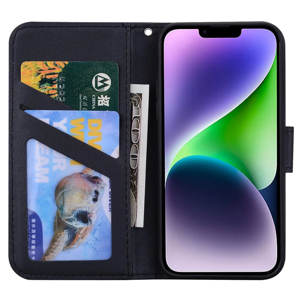 For iPhone 14 Plus Cell Phone Case Anti-drop PU Leather Wallet Stand Cover - Black - 2