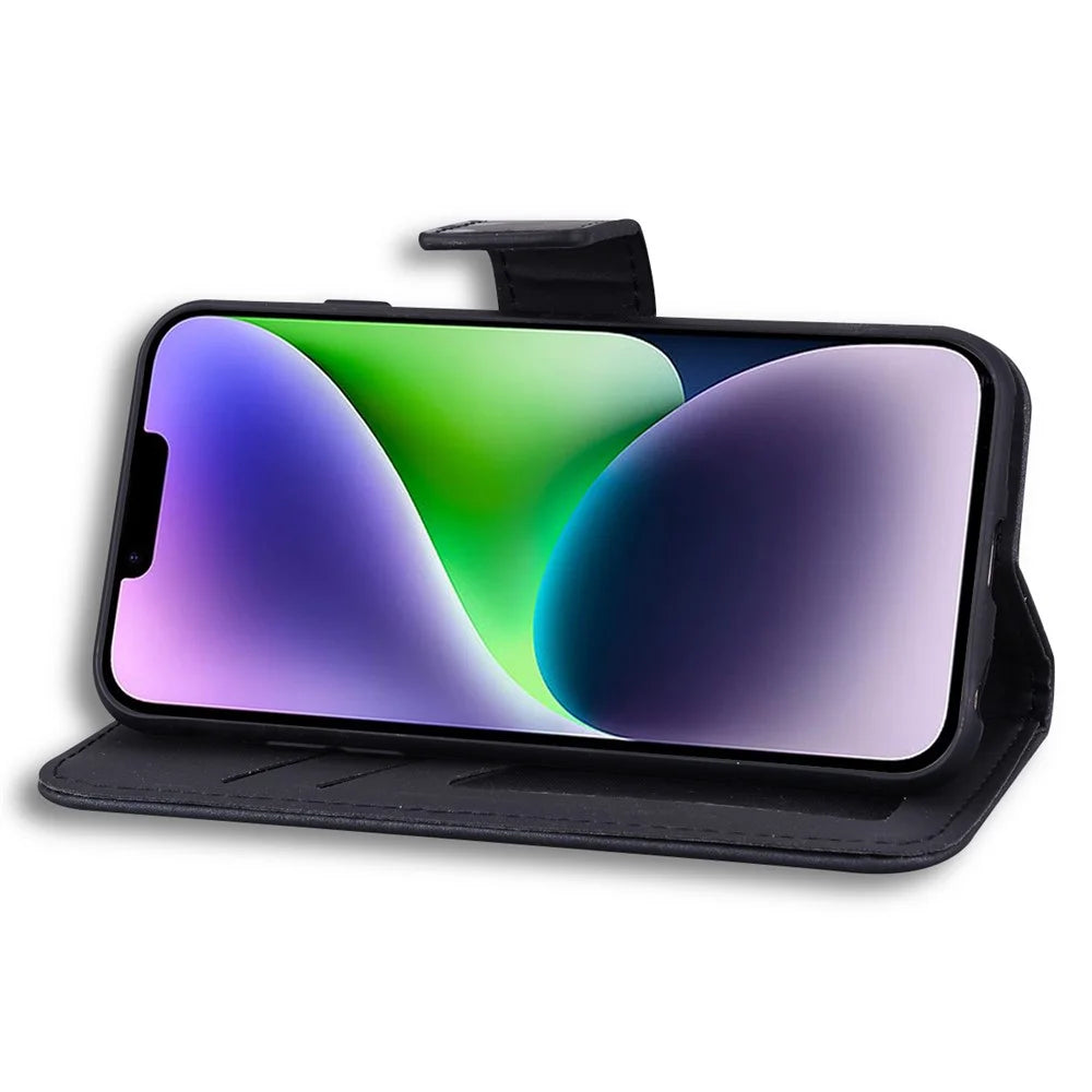 For iPhone 14 Plus Cell Phone Case Anti-drop PU Leather Wallet Stand Cover - Black - 3