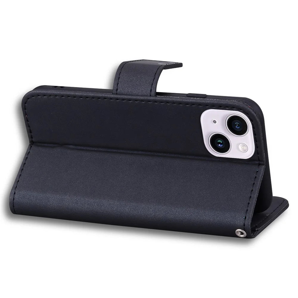 For iPhone 14 Plus Cell Phone Case Anti-drop PU Leather Wallet Stand Cover - Black - 4