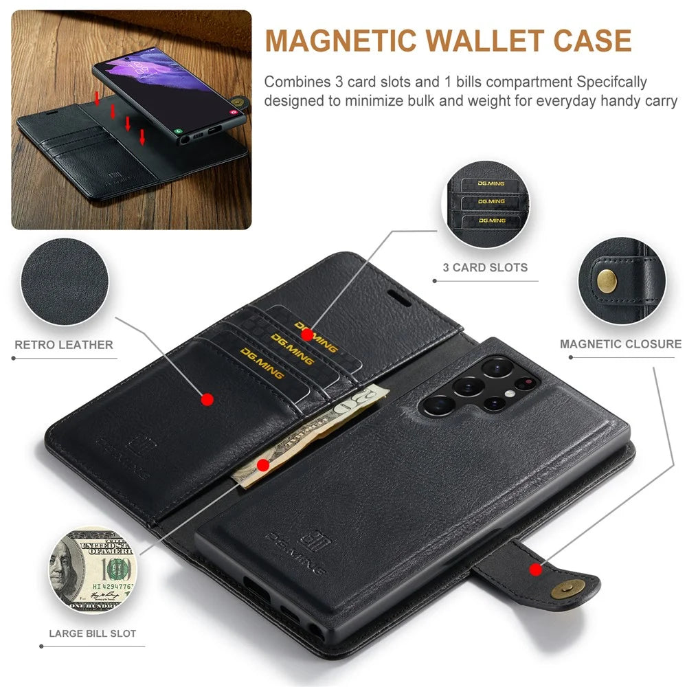 DG.MING for Samsung Galaxy S24 Ultra Case Detachable Split Leather Cover with Stand Wallet - Black - 7