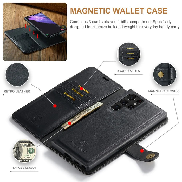 DG.MING for Samsung Galaxy S24 Ultra Case Detachable Split Leather Cover with Stand Wallet - Black - 7