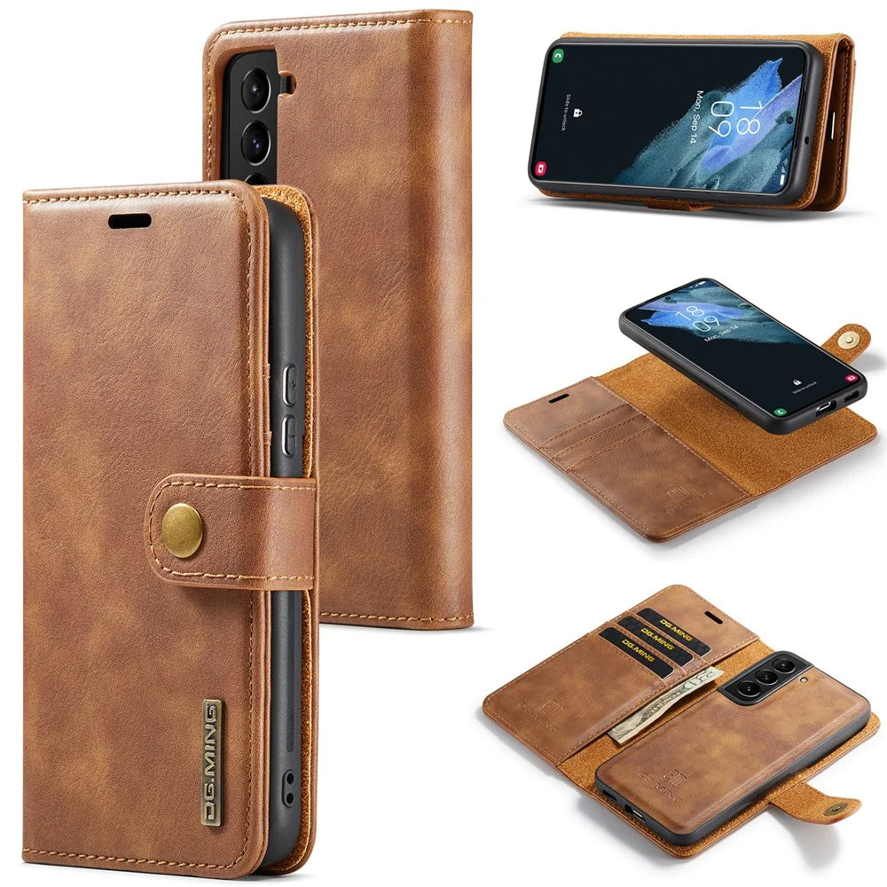 DG.MING for Samsung Galaxy S24+ Case Split Leather Wallet Detachable Phone Cover - Brown - 1