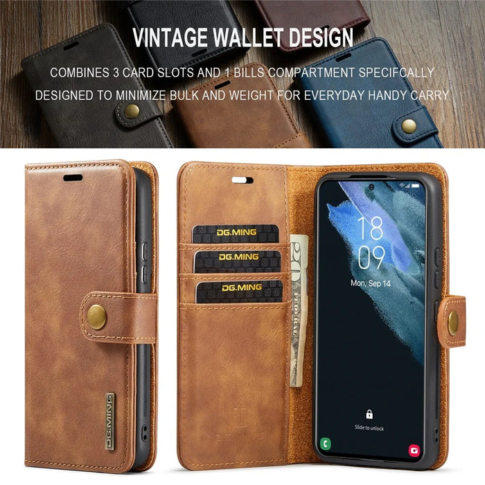 DG.MING for Samsung Galaxy S24+ Case Split Leather Wallet Detachable Phone Cover - Brown - 6